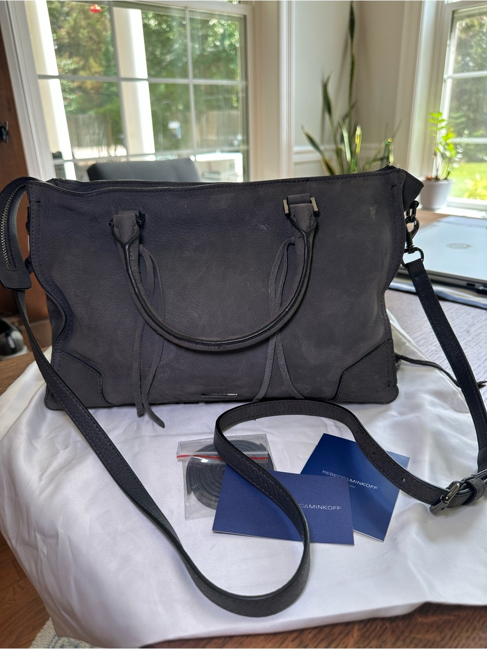 Rebecca Minkoff Regan Charcoal Gray suede satchel crossbody bag